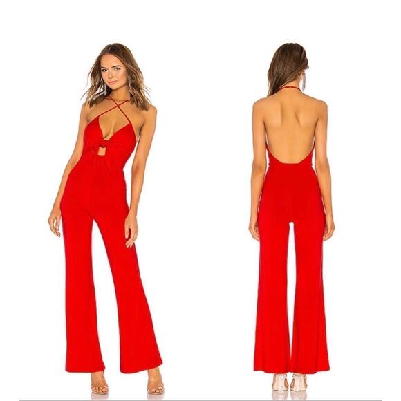 h:ours Revolve Women’s Sleeveless Vale Jumpsuit Lava Red Cutout Tie Front Size S - Picture 1 of 7